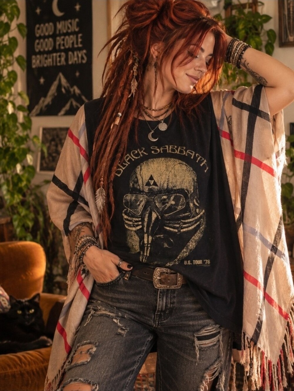 Black Sabbath U.S. Tour ’78 Graphic Top | Sheer Plaid Fringe Sleeves Rocker Boho